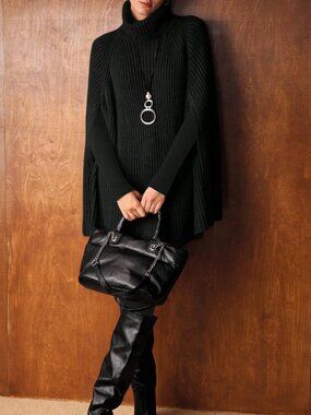 Black Casual Women's Turtleneck Poncho Sweater